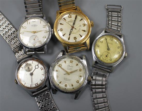 Four gentlemans steel cased wristwatches and a gold plated Rodania wristwatch